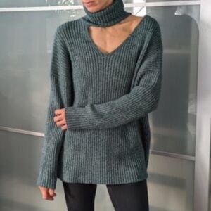 Oak + Fort Very Oversized Green Cut Out Turtleneck Knit Sweater With Wool